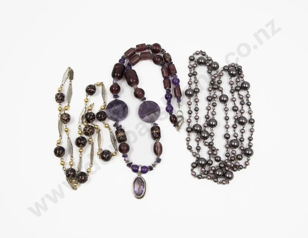 S/S Framed Amethyst Pendant on Bead Neck Chain and Two Others Image 1++