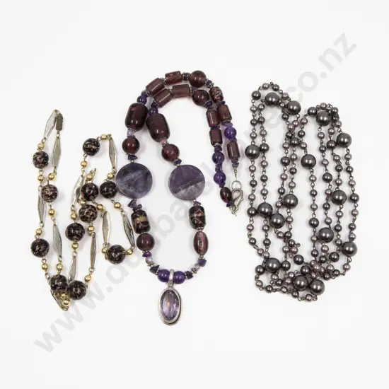 S/S Framed Amethyst Pendant on Bead Neck Chain and Two Others
