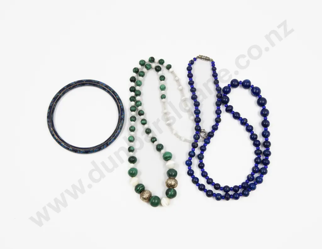 Single Strand Malachite Bead Necklace with Cloisonne Enamel Bangle and Other Image 1++