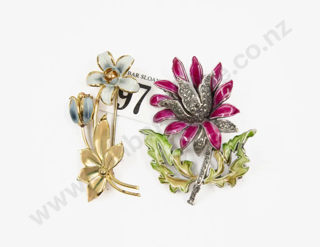 Vintage Enamel and Marcasite Flower Brooch and Other with Trinket Box Image 1++