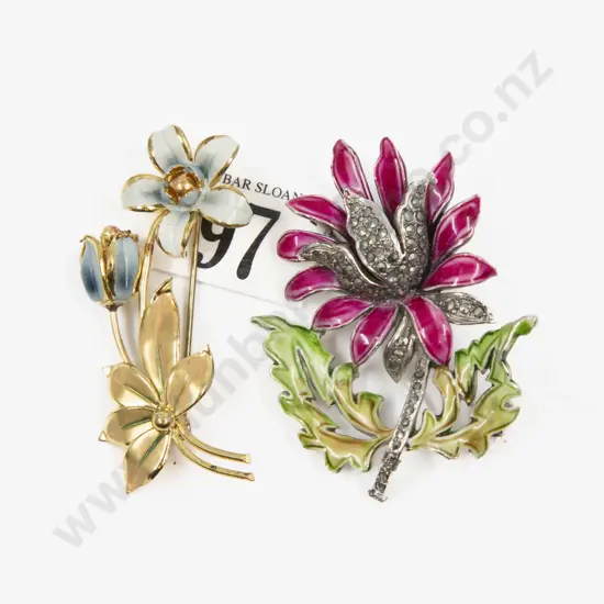 Vintage Enamel and Marcasite Flower Brooch and Other with Trinket Box