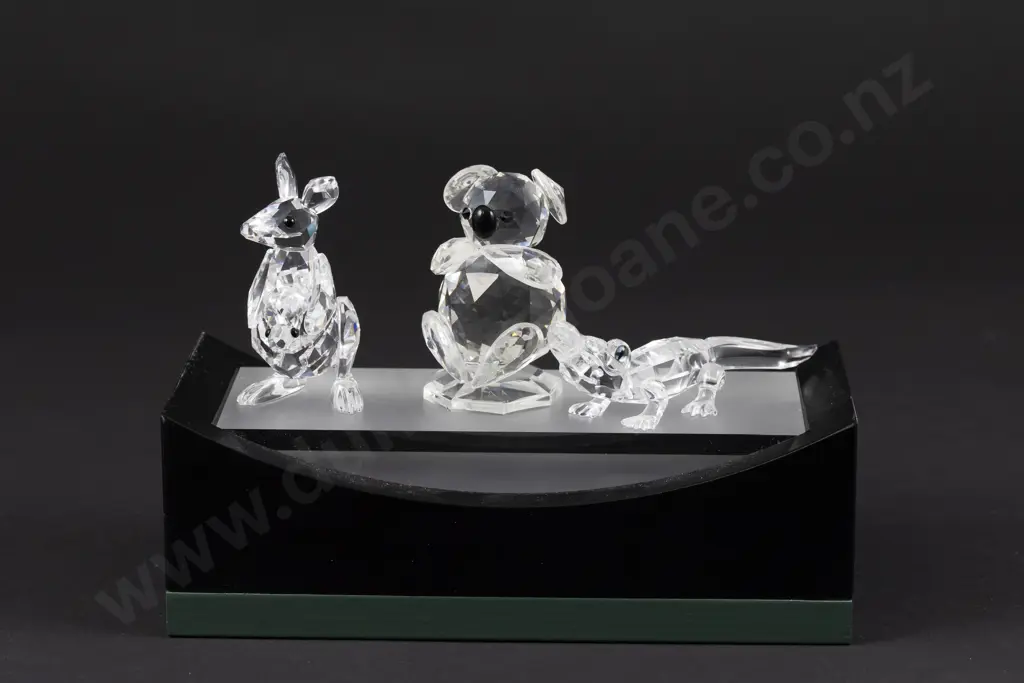 C1987 - 1998 Boxed Swarovski Crystal Koala Alligator and Kangaroo with Joey on Display Stand Image 1++