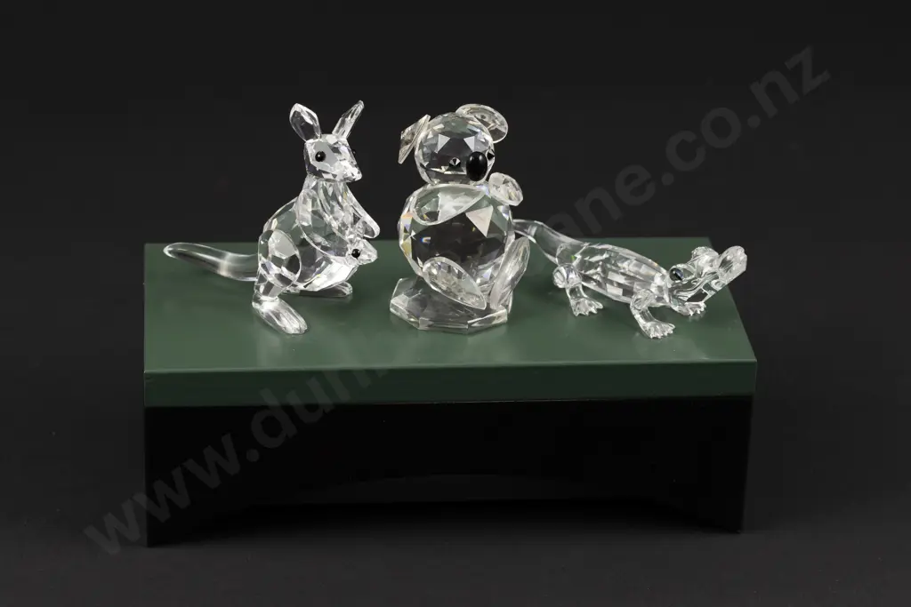 C1987 - 1998 Boxed Swarovski Crystal Koala Alligator and Kangaroo with Joey on Display Stand Image 1++
