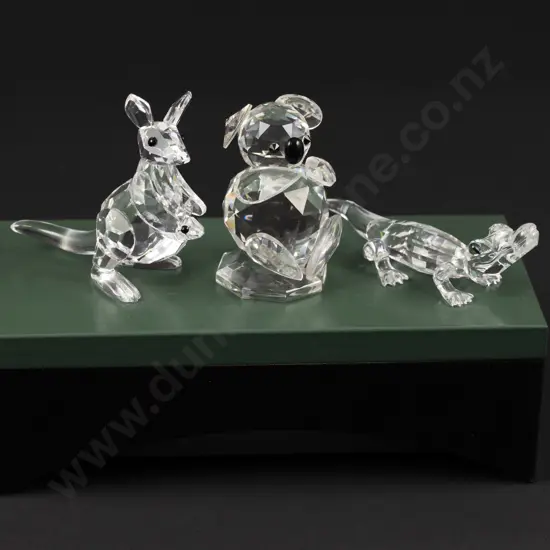 C1987 - 1998 Boxed Swarovski Crystal Koala Alligator and Kangaroo with Joey on Display Stand