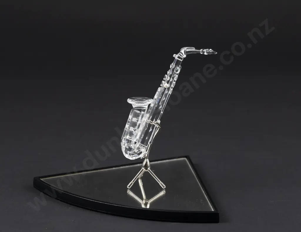C1997 Boxed Swarovski Crystal 'Crystal Melodies' Saxophone with Glass Display Stand Image 1++