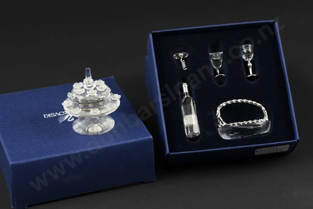 C1992 - 2003 Boxed Swarovski Crystal Birthday Cake and Five Piece Wine Set Image 1++