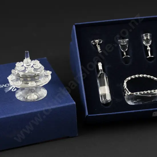 C1992 - 2003 Boxed Swarovski Crystal Birthday Cake and Five Piece Wine Set