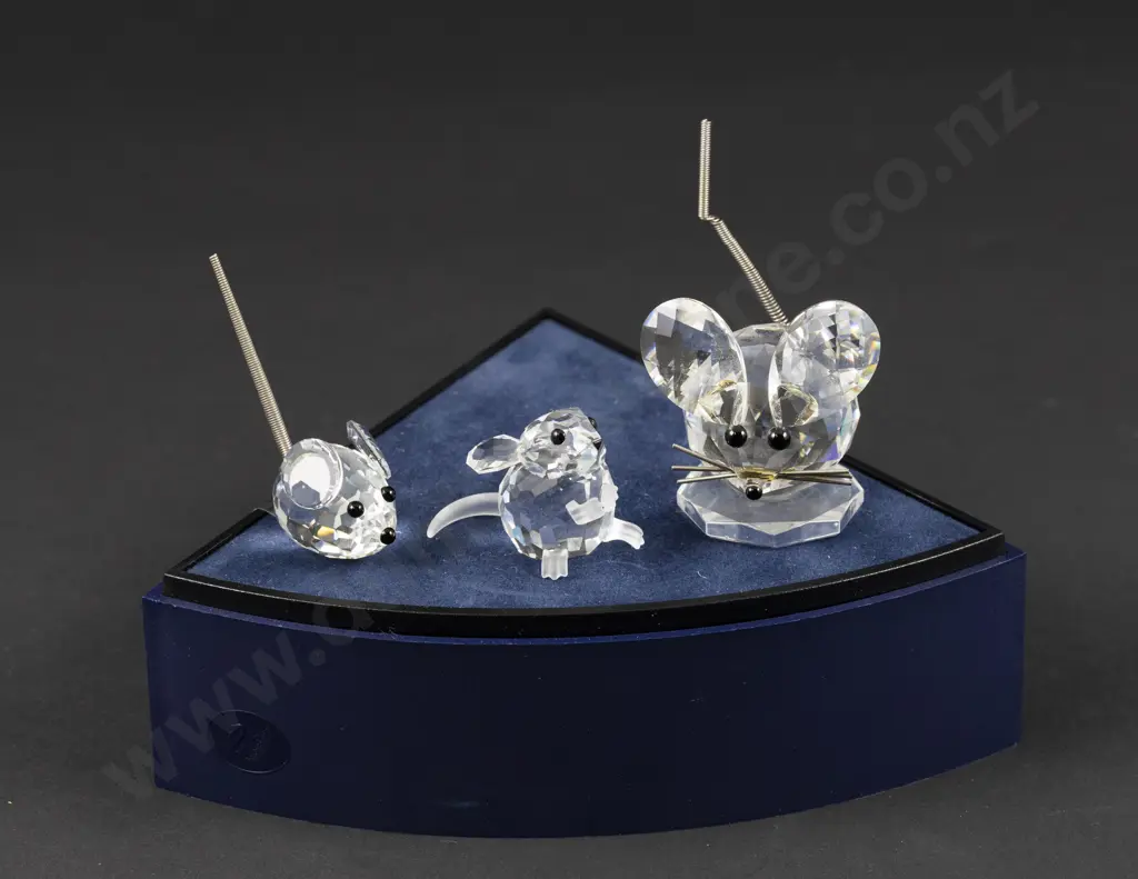 C1979-1991 Swarovski Crystal Three Mice with Display Stand Image 1++