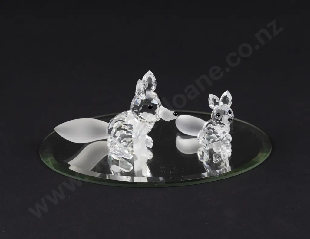 C1987-1988 Boxed Swarovski Crystal 'Woodland Friends' Foxes with Display Mirror Image 1++