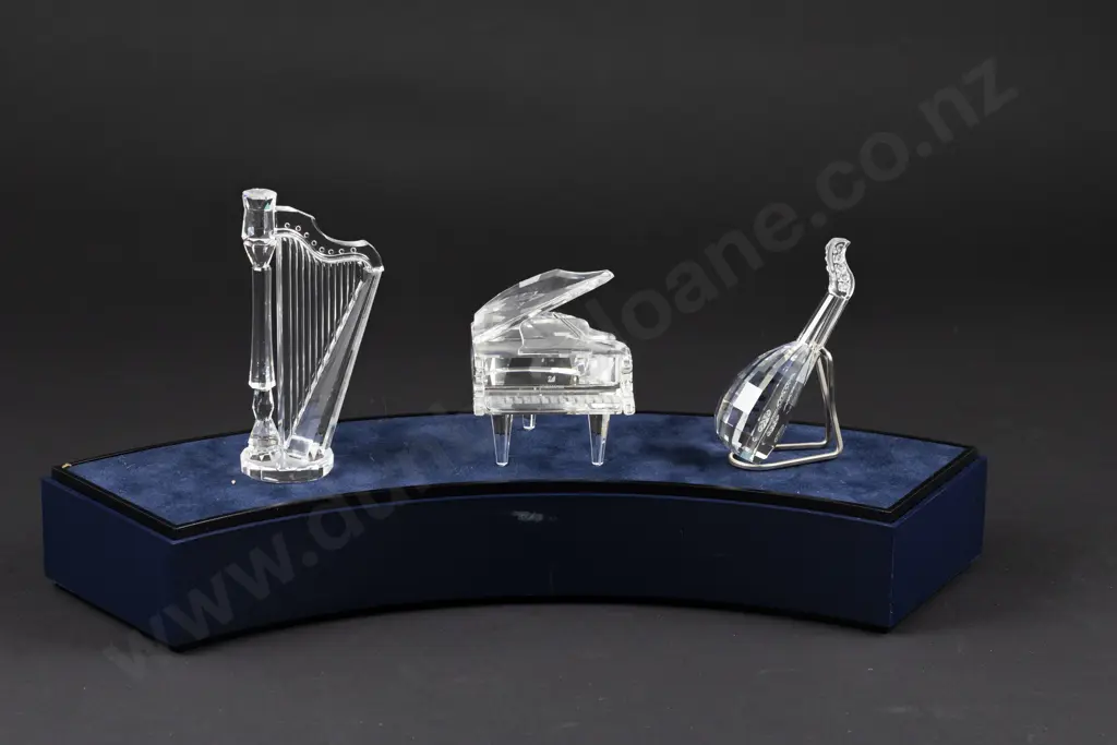 C1992-1993 Swarovski Crystal 'Crystal Melodies' Harp Lute and Piano with Display Stand Image 1++