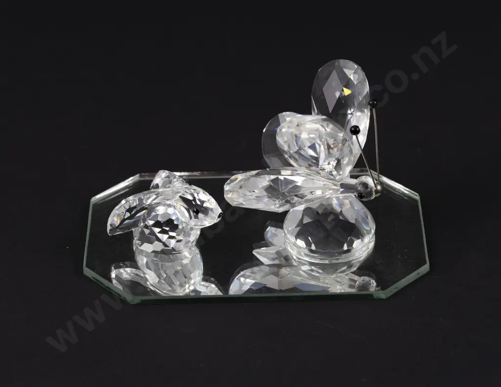 C1982-1997 Boxed Swarovski Crystal 'In a Summer Meadow' Bunny Rabbit and Butterfly with Display Mirror Image 1++
