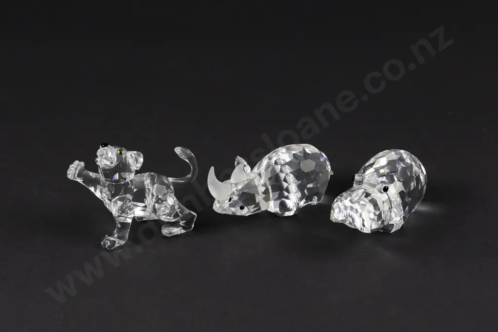 C1989-1997 Boxed Swarovski Crystal 'African Wildlife' Lion Cub Hippo and Rhino Image 1++