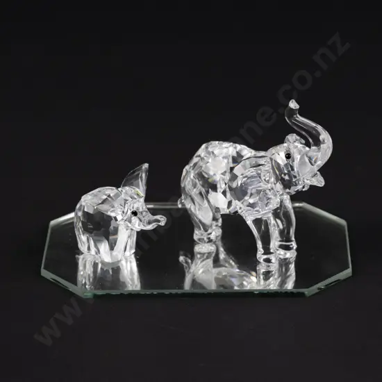 C1989-1995 Boxed Swarovski Crystal 'Rare Encounters' Mother Elephant and Baby Elephant with Display Mirror