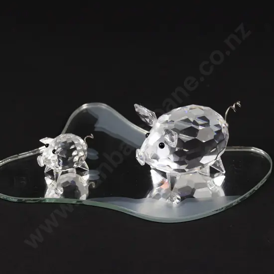 C1982-1984 Swarovski Crystal 'Barnyard Friends' Mother Pig and Baby Pig with Display Mirror