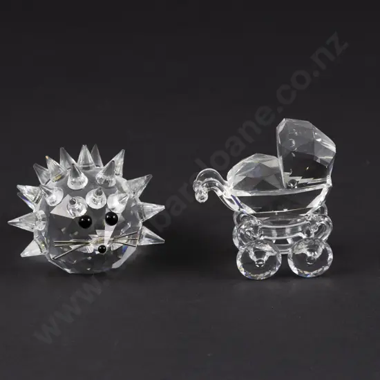 C1976 - 1996 Boxed Swarovski Crystal 'When we were Young' Baby Carriage and Hedgehog