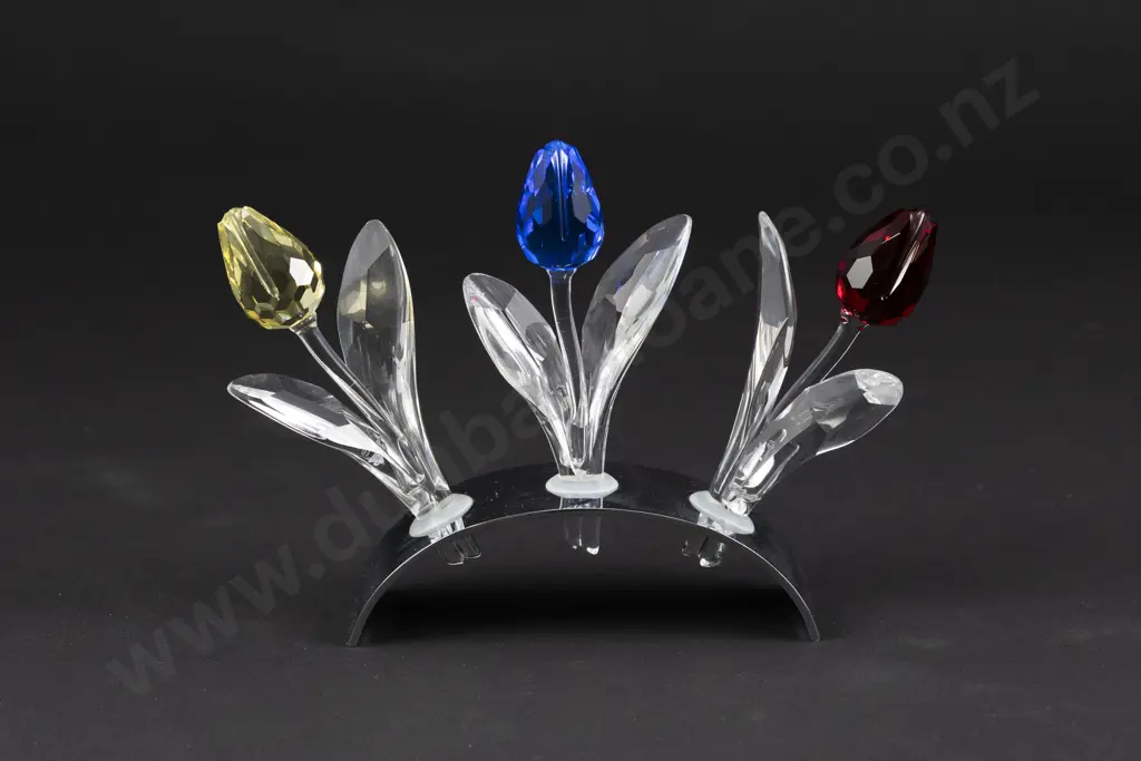 Boxed Swarovski Crystal Red Blue and Yellow Tulips with Stand Image 1++