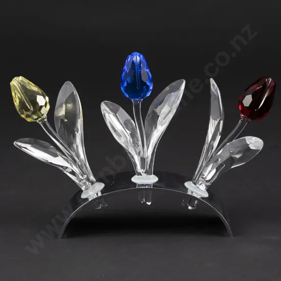 Boxed Swarovski Crystal Red Blue and Yellow Tulips with Stand