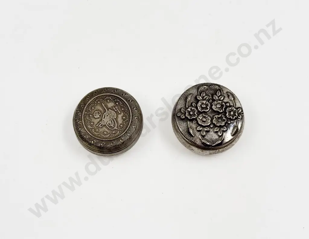 Two S/S and .900 Silver Pill Boxes with Engraved Lids Image 1++