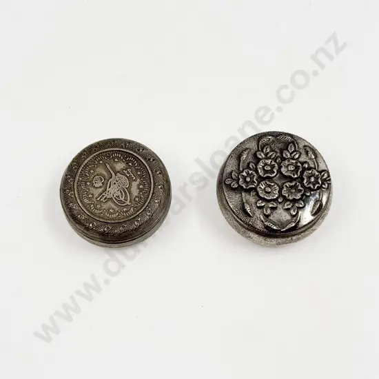 Two S/S and .900 Silver Pill Boxes with Engraved Lids