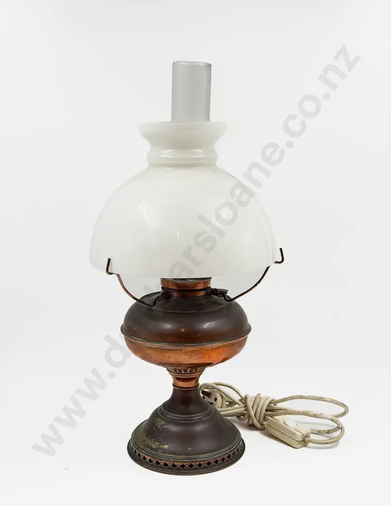 Brass & Copper Kerosene Lamp with Opaque Glass Shade Image 1++