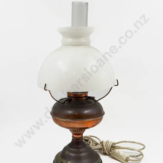 Brass & Copper Kerosene Lamp with Opaque Glass Shade