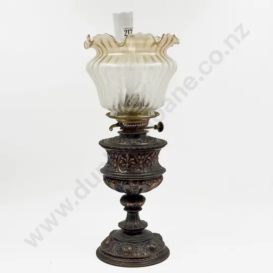 Heavy Brass Kerosene Lamp with Glass Shade