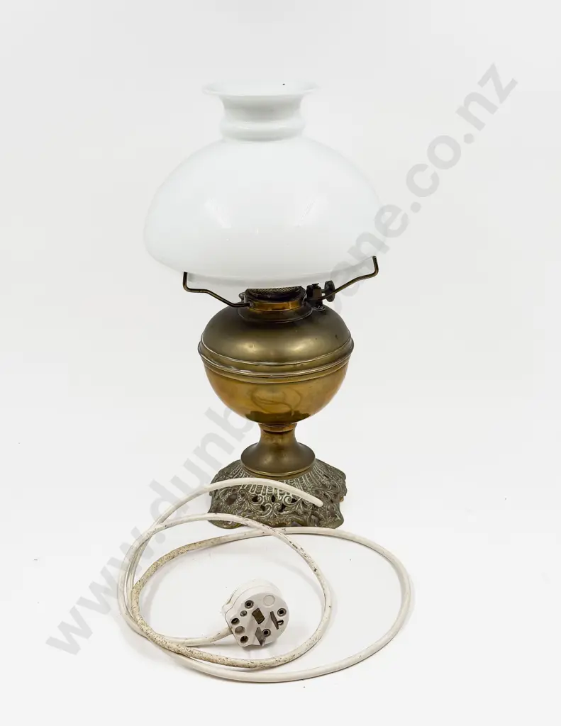 Brass Kerosene Lamp with Opaque Glass Shade & Three Assorted Glass Shades Image 1++