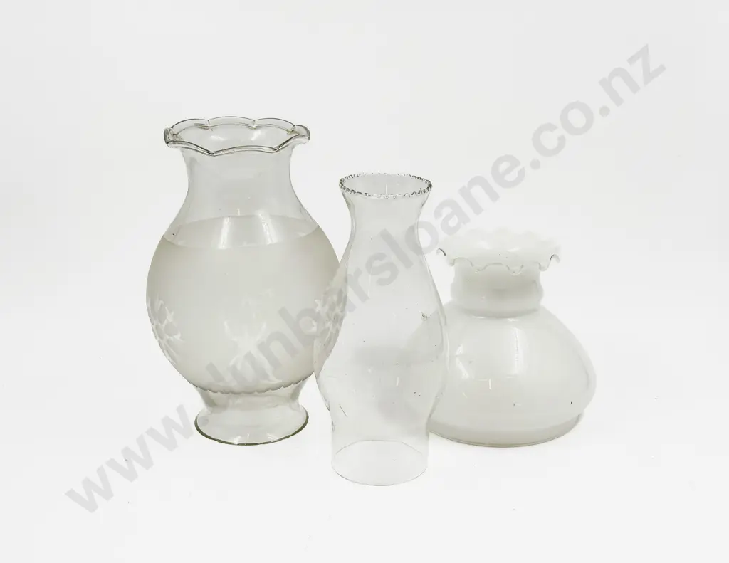 Brass Kerosene Lamp with Opaque Glass Shade & Three Assorted Glass Shades Image 1++