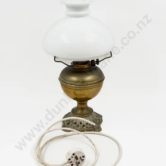Brass Kerosene Lamp with Opaque Glass Shade & Three Assorted Glass Shades
