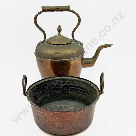 Vintage Handled Copper Pot together with Large Copper & Brass Kettle