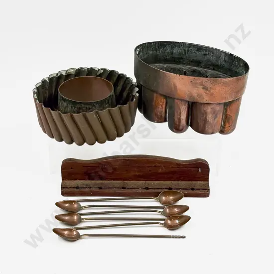 Two Vict Copper Jelly Moulds together with Six Copper Parfait Spoons & Spoon Rack