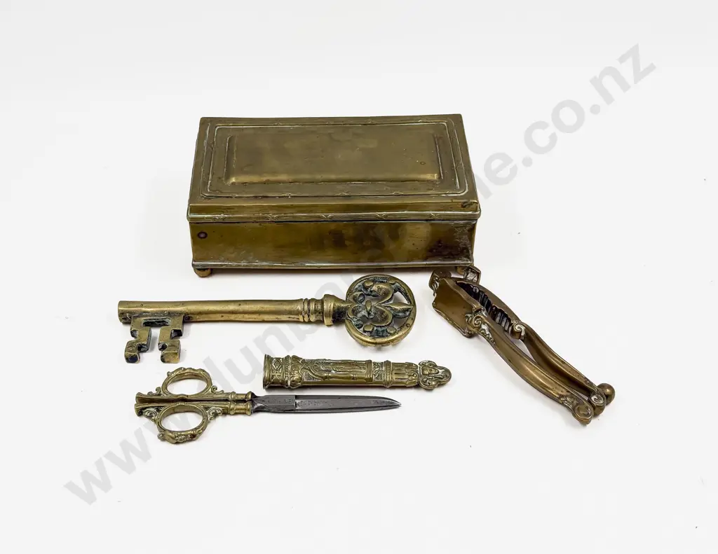 Pair of Brass Vict Scissors & Sheath with Nutcracker Key & Brass Mounted Box Image 1++