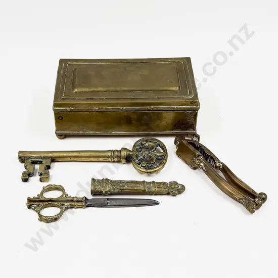 Pair of Brass Vict Scissors & Sheath with Nutcracker Key & Brass Mounted Box