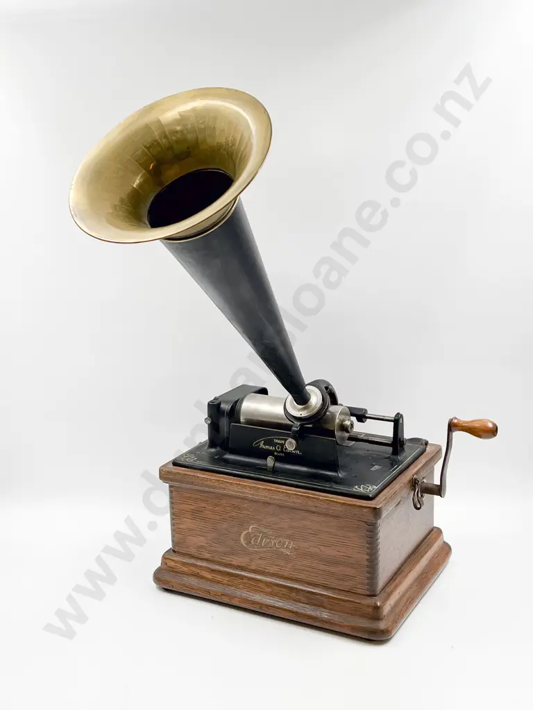 Oak Cased Edison Fireside Phonograph with Box of Assorted Edison Rolls Image 1++