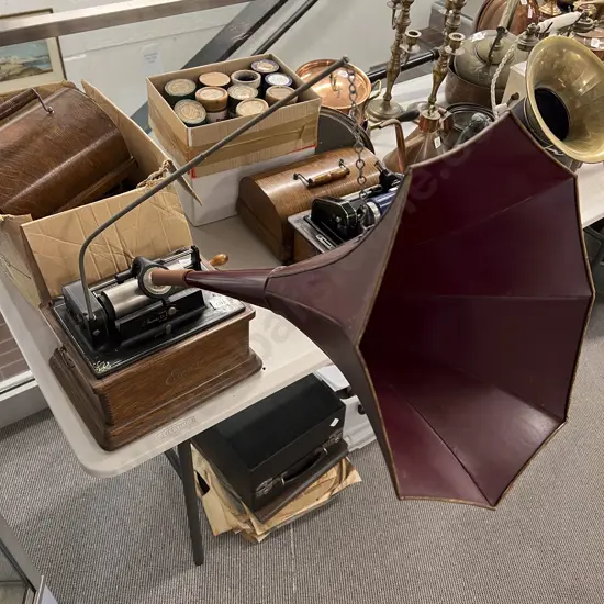 Oak Cased Edison Fireside Phonograph with Box of Assorted Edison Rolls NB PHOTO CHANGE