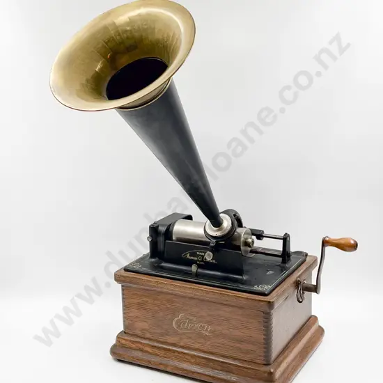 Oak Cased Edison Fireside Phonograph with Box of Assorted Edison Rolls