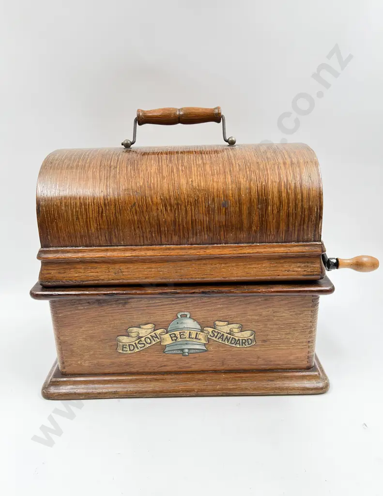 Oak Cased Edison Bell Standard Phonograph with Box of Assorted Edison Rolls Image 1++
