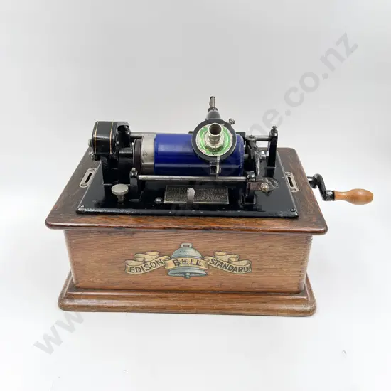 Oak Cased Edison Bell Standard Phonograph with Box of Assorted Edison Rolls