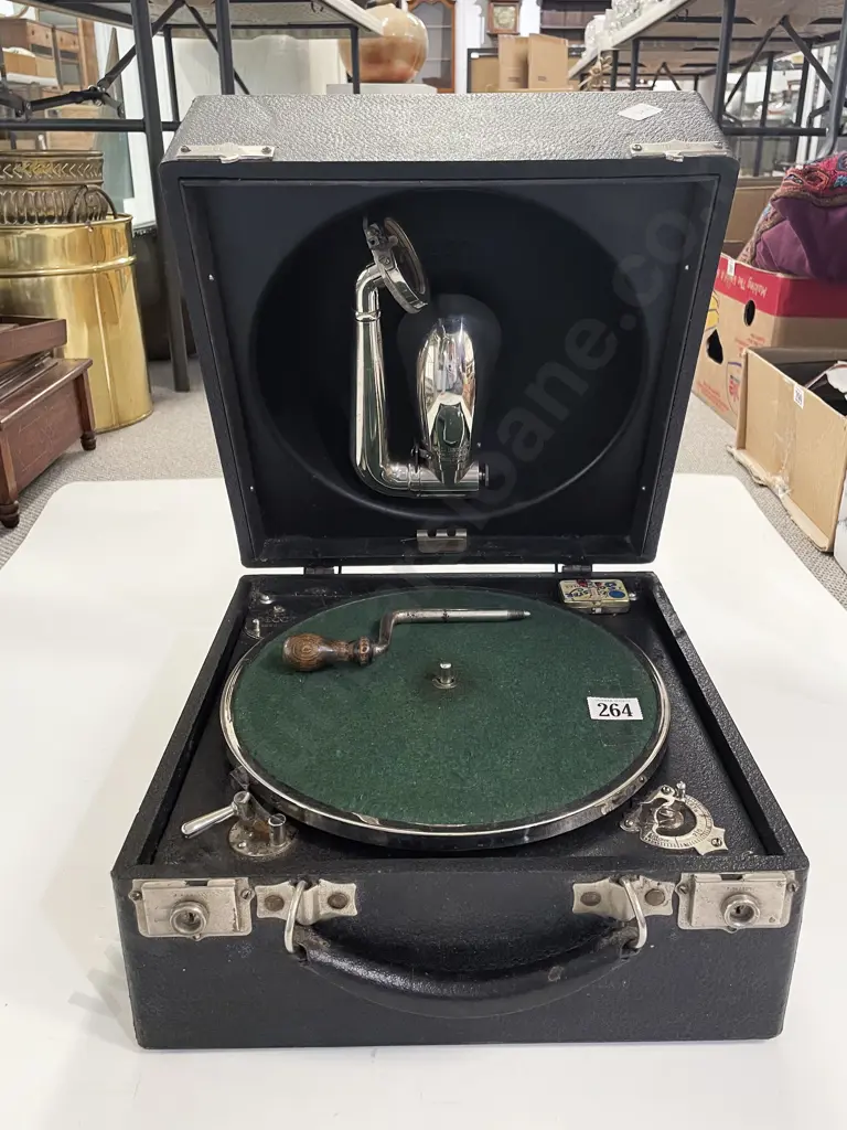 Vintage Decca Travel Gramophone with Assorted Vintage Records Image 1++