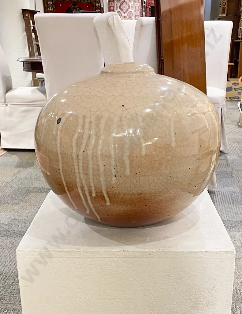 Large Crackle Glaze Pottery Vase together with Plinth Image 1++