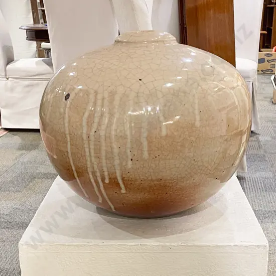 Large Crackle Glaze Pottery Vase together with Plinth