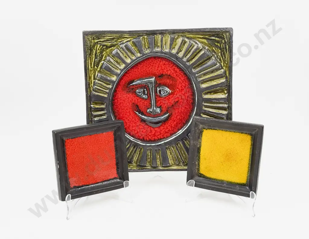 Large Pottery Wall Hanging Tile together with Pair of Pottery Dishes Image 1++