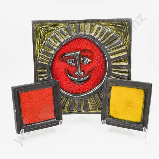 Large Pottery Wall Hanging Tile together with Pair of Pottery Dishes