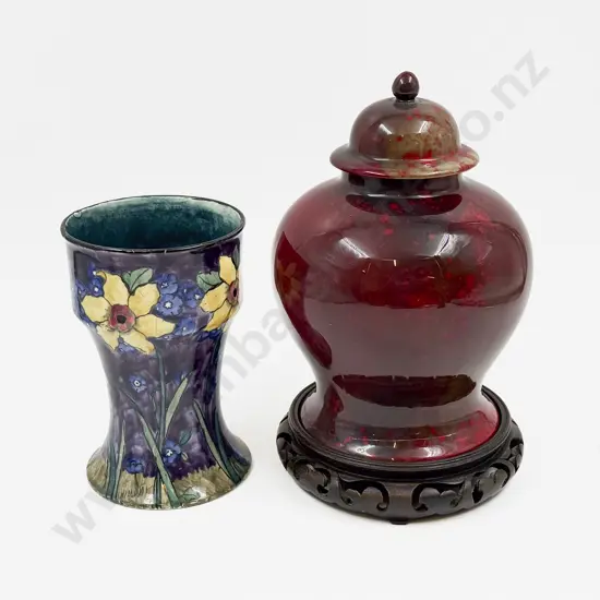 RD Flambe Lidded Urn on Wooden Stand together with Hancock & Sons "Springtime Vases" (A/F)