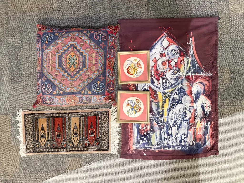 Pair of Framed Embroideries together with Small Table Mat & Kelim Cushion etc Image 1++