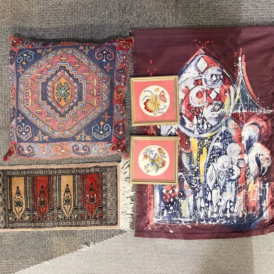 Pair of Framed Embroideries together with Small Table Mat & Kelim Cushion etc