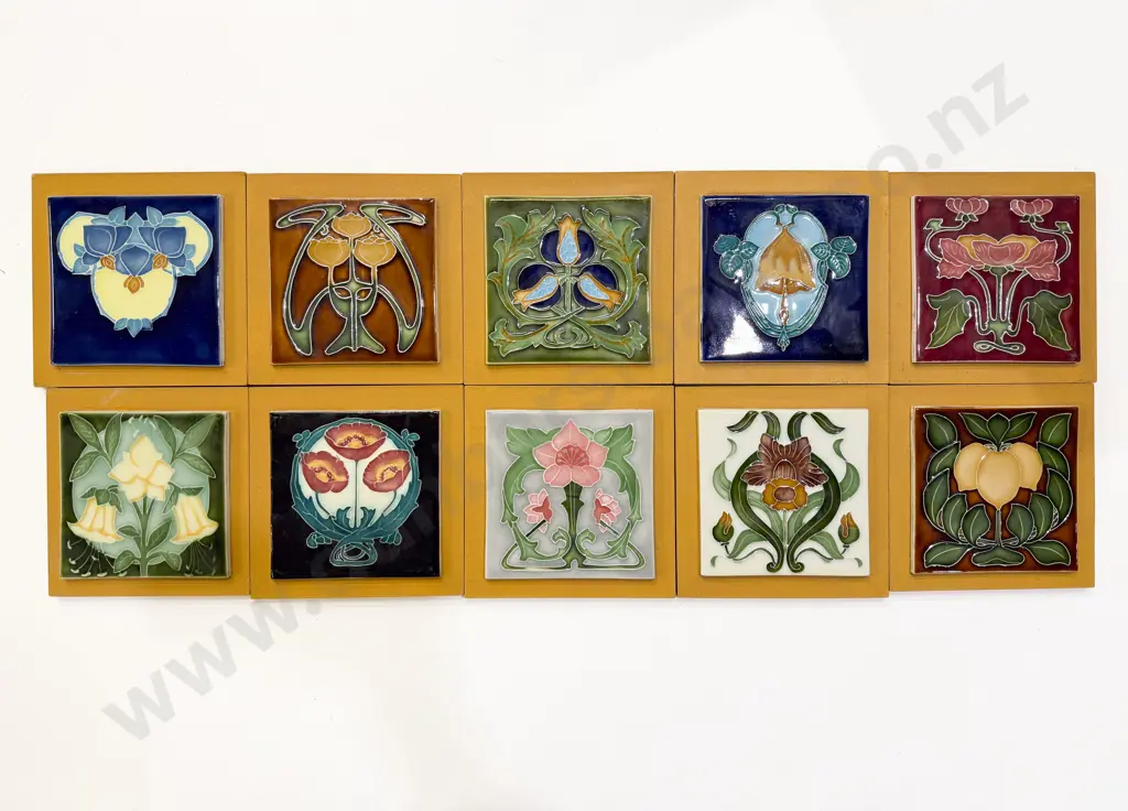 Ten Vintage Tiles Mounted on Wooden Plaques Image 1++