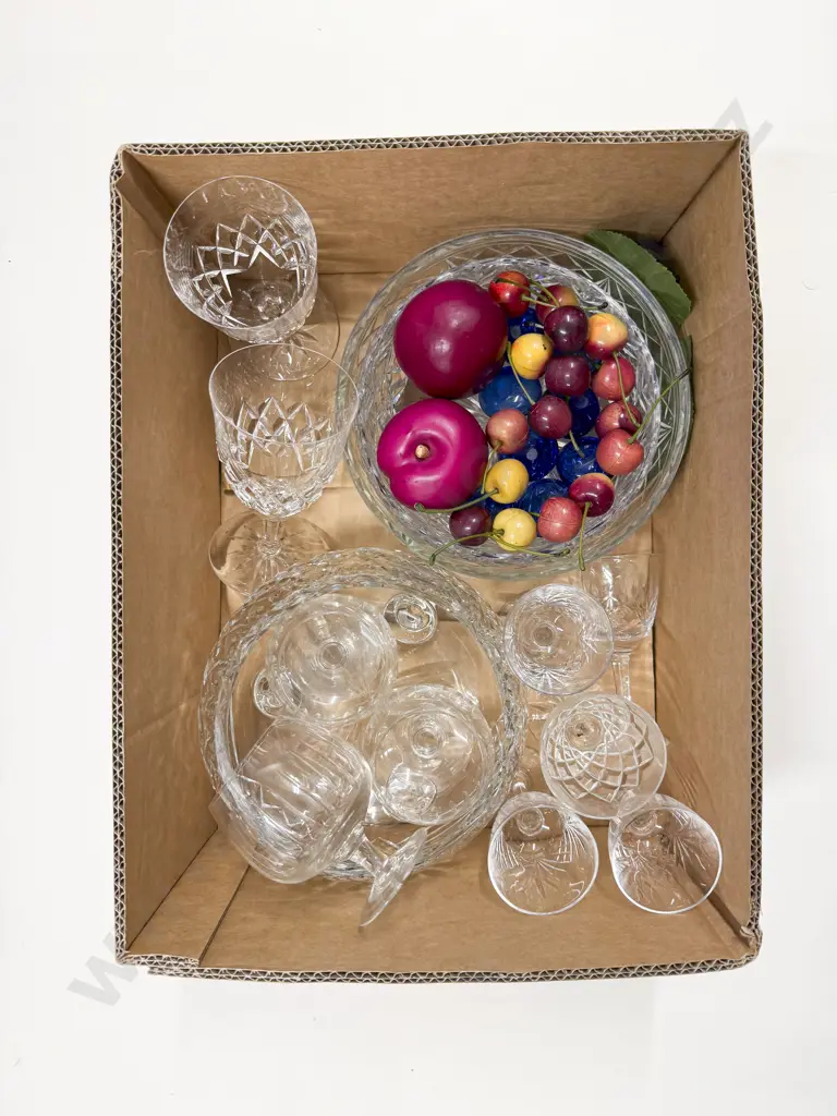 Box of Assorted Crystal & Glassware incl Faux Fruit Image 1++