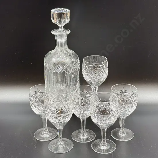 Crystal Decanter together with Six Crystal Wine Goblets