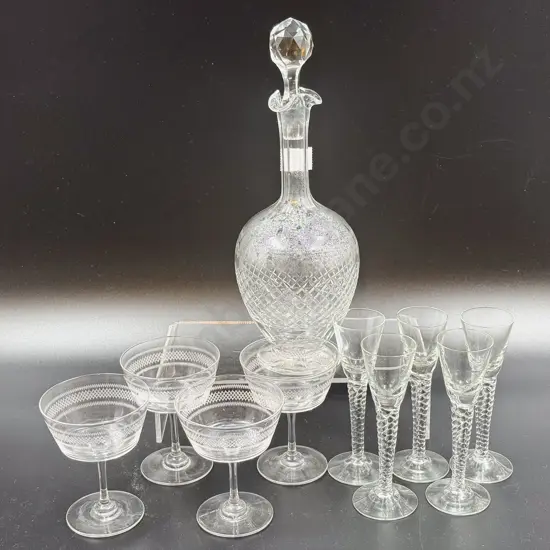 Etched Glass Decanter & Assorted Glassware